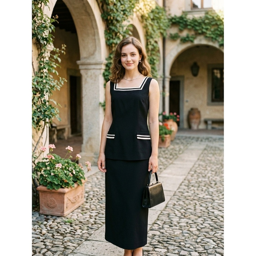 Jessica Howard Skirt Set Womens 8 Black Excellent Nautical Tunic Maxi Vintage - Picture 2 of 13